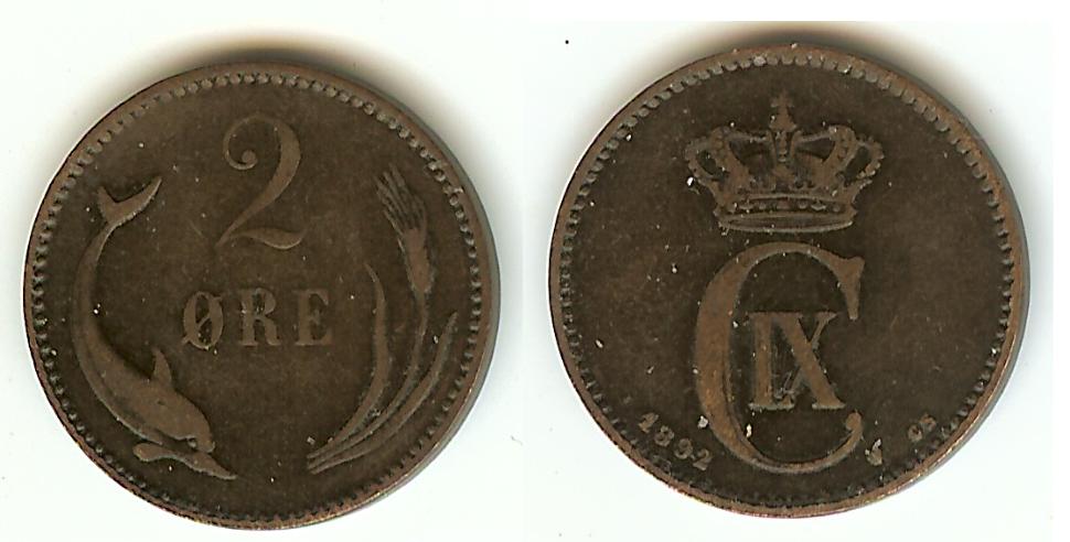 Denmark 2 Ore 1892 VF